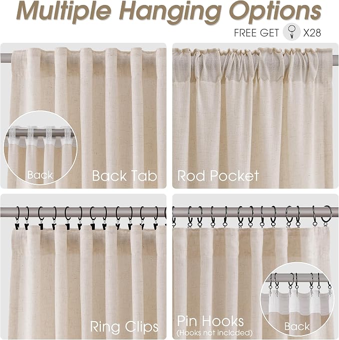 Extra Long Linen Curtains 102 Inches for Living Room Back Tab Semi Sheer Floor to Ceiling Light Filtering Curtain Boho Farmhouse Decor Window Drapes for Bedroom 2 Panels Cream Beige