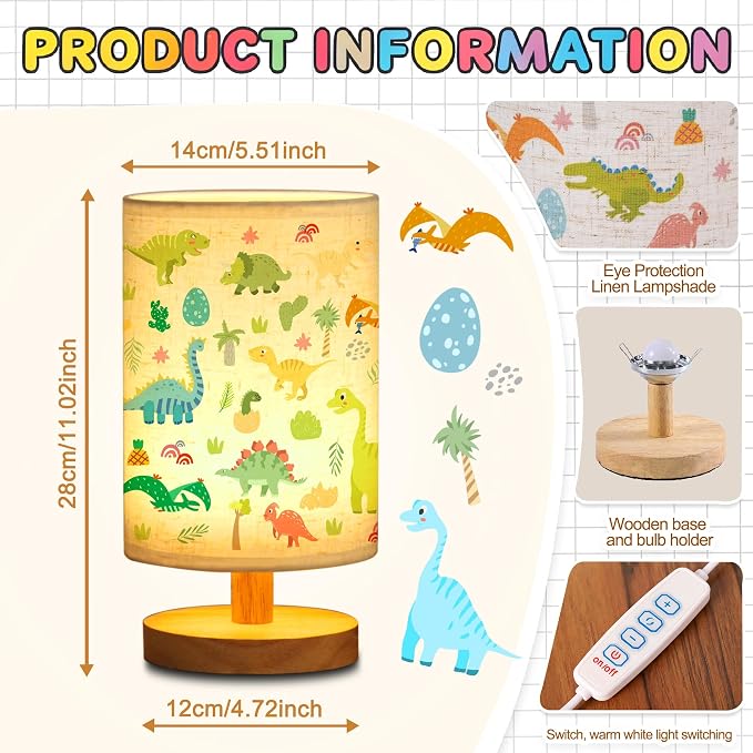 WSYEAR Bedside Table Lamp for Bedroom with Dinosaur Pattern Printed Shade 3-Way Dimmable Small Lamp with Wood Base for Living Room, Desk, Dorm, Home Office