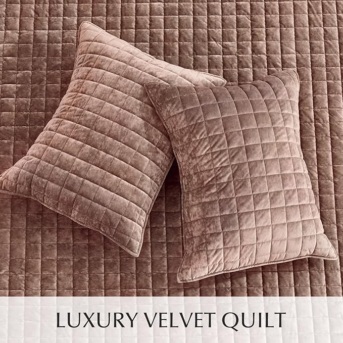 RECYCO Channel Box Stitch Velvet Quilt Set, Queen Size, Terracotta Clay | Ultra Soft Lightweight Velvet Comforter, Luxury Oversized Bedspread Coverlet, Quilted Bedding Set for All Season with 2 Shams