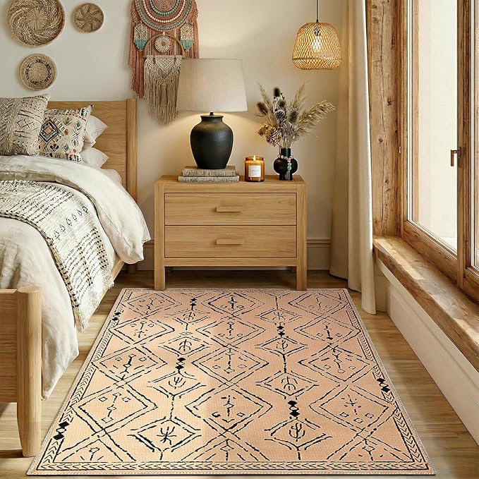 jinchan 4x6 Faux Jute Area Rug Washable Moroccan Living Room Rug Warm Taupe | Neutral Boho Geometric, Non-Slip, Low Pile, Indoor Outdoor, Natural Fiber Look, Dining Room, Deck, Backyard, Bedroom, Patio
