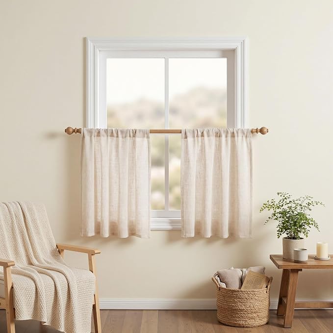 MYSKY HOME Kitchen Semi Sheer Linen Curtains 24 Inch Long, Light Filtering Window Panels Rod Pocket Valance Neutral Drapes for Small Window/Cafe/Bathroom Basement, Linen, 2 Panels, 34 x 24 Inch