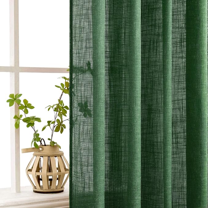MIULEE Emerald Green Linen Curtains 52x108 Inch for Bedroom Living Room | Soft Thick Linen Textured Window Drapes, Semi Sheer Light Filtering, Back Tab Rod Pocket, Christmas Decor, 2 Panels