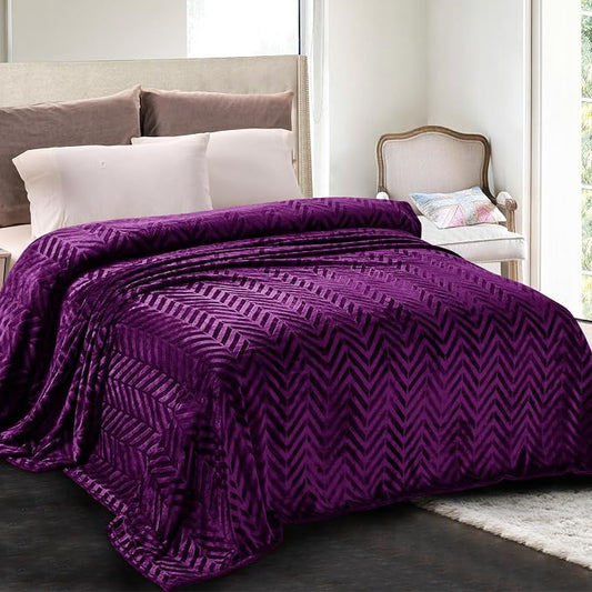 Whale Flotilla Flannel Fleece Bed Blanket Queen Size, Purple | Lightweight Breathable Soft Bedspread, Plush Fluffy Coverlet Chevron Design Decorative Blanket for All Season, 90x90 Inch