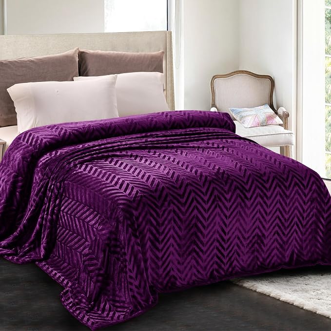 Whale Flotilla Flannel Fleece Bed Blanket King Size, Purple | Lightweight Breathable Soft Bedspread, Plush Fluffy Coverlet Chevron Design Decorative Blanket for All Season, 90x104 Inch