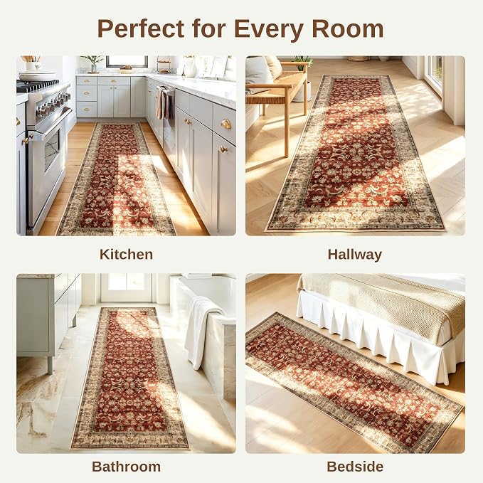 Red 2x6 Washable Runner Rug for Hallway Kitchen Bedroom Laundry Bathroom, Non Slip Low Pile Stain Resistant Soft Faux Wool, Pet & Kids Friendly