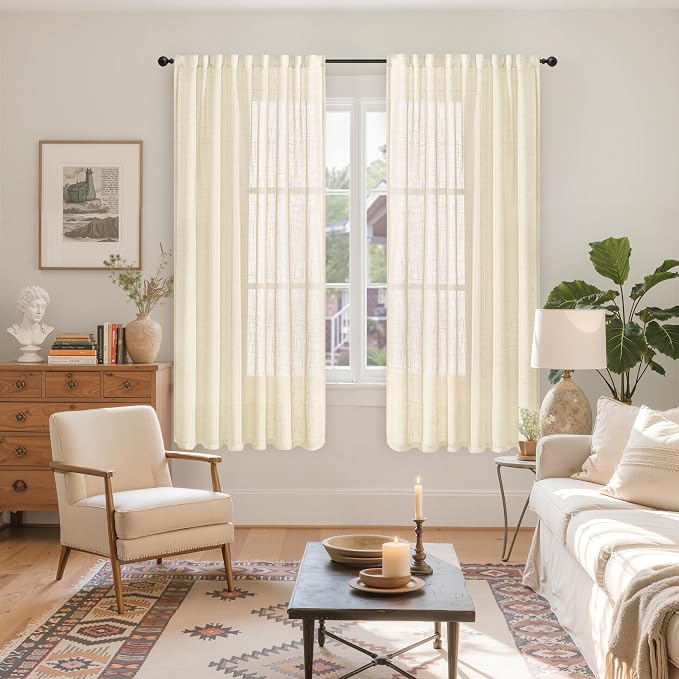 YoungsTex Beige Linen Semi Sheer Curtains 63 Inch Length, Light Filtering Drapes Textured with Rod Pocket Back Tab for Bedroom Living Room Window Lightweight, 2 Panels, 52 X 63 Inch