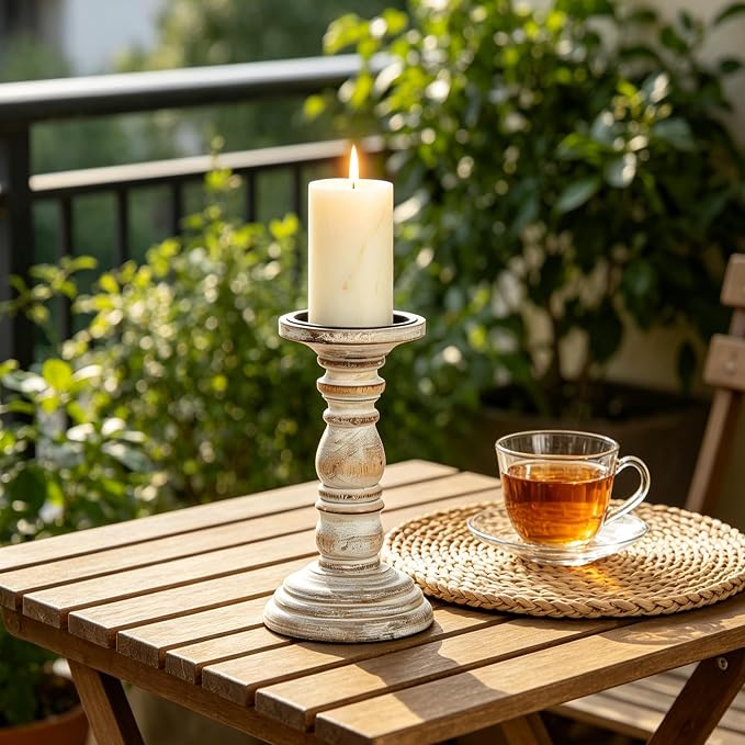 Hosley Set of 2 High Wood Candle Holder 8 Inch High for Pillar Wax Candles Flameless Candle. Distress Finish Candleholder. Ideal Gift for Wedding Party Home Spa Reiki Aromatherapy Candle Gardens O4