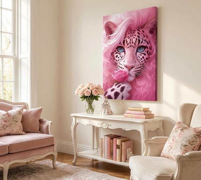 UNDBILSNI Whimsical Pink Mother Leopard Canvas Wall Art | Fashionable and Beautiful Female Leopard Holding Roses Wall Decor Picture for Girls Room Preppy Dorm Artwork Decoration