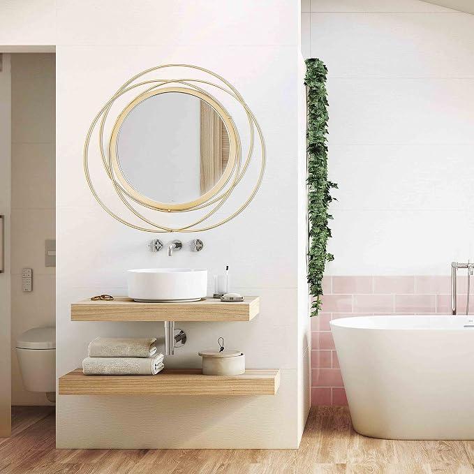 2 Set Circle Mirrors for Wall Decor Living Room Bedroom Entryway | Metal Round Mirror Decorative Hanging Mirrors Sun Bohemian Geometric Accent Sculpture Gold 15.7 in