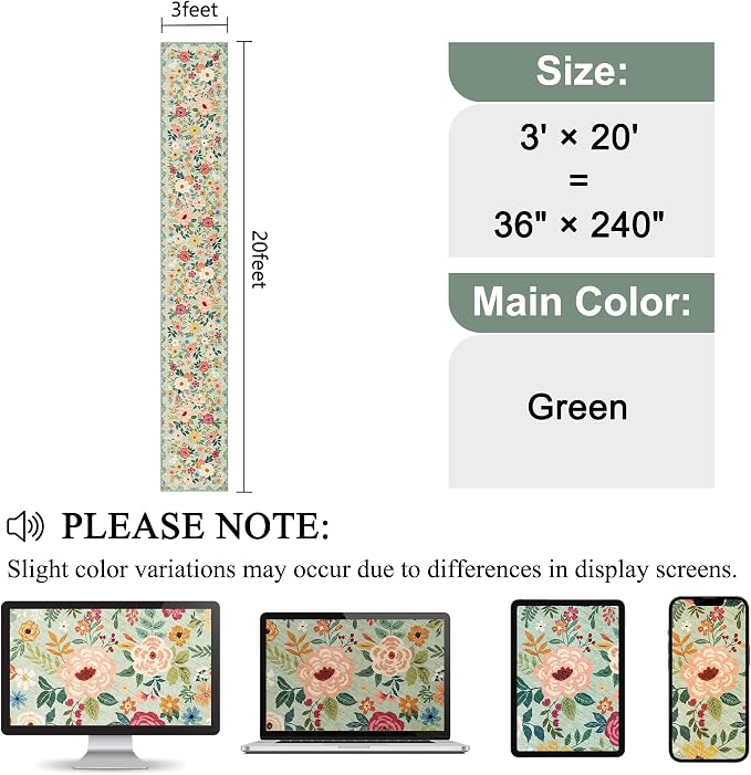 DUKINO 3x20 Runner Rug for Hallway, Floral Washable Long Runner Rug, Green | Non Slip, Low Pile, Indoor Rug Runner for Kitchen, Entryway, Bedroom, Bathroom, Laundry, Pet Friendly, Home Decor, Ultra-Thin