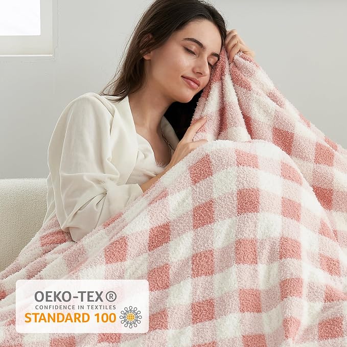 Snuggle Sac Checkered Throw Blanket for Couch, Super Soft, Cozy Warm Knit Decorative Blankets, Reversible Plaid Fluffy Throws for Sofa, Bed, Plaid Pink, 50x60 Inches