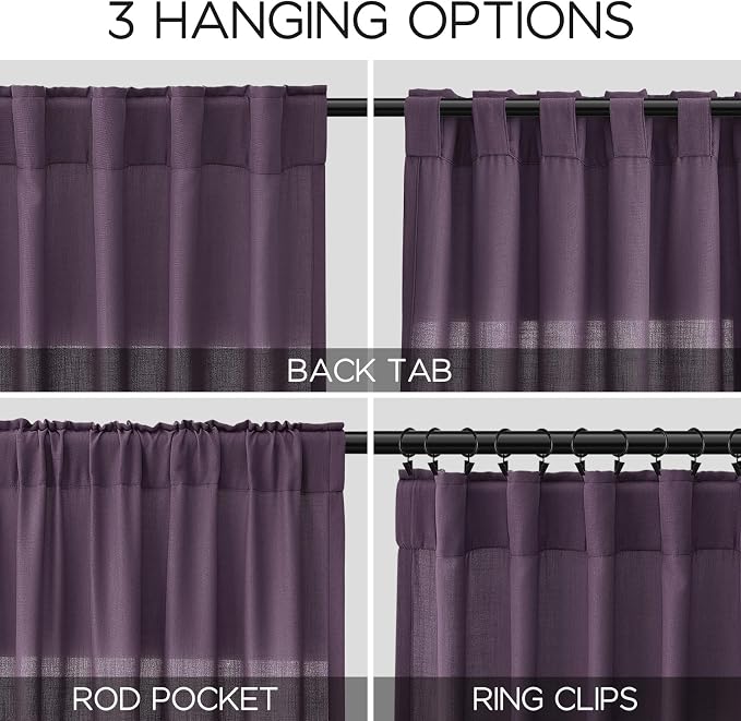 Plum Linen Curtains 96 Inches Long 2 Panels Set for Living Room Rod Pocket Back Tab Semi Sheer Light Filtering Protect Privacy Plum Curtain for Bedroom Floor Length 52x96