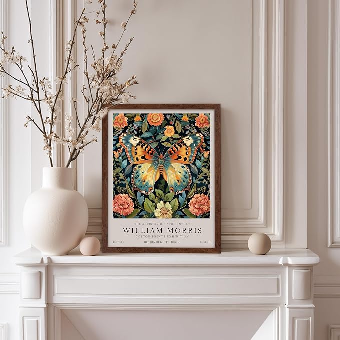 Poster Master William Morris Poster - Butterfly Print - Botanical Art - Flower Art - Exhibition Artwork - Animal Creation - Floral Piece - Aesthetic Illustration - Office or Living Room Decor - 11x14 Brown Framed