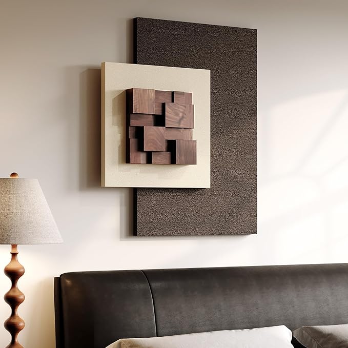 Large Wood Abstract Wall Art for Living Room, Modern 3D Artwork for Walls | Textured paintings, Big woodern layered sculpture, Neutral beige brown tone, Bedroom dining room office wall decor aesthetic