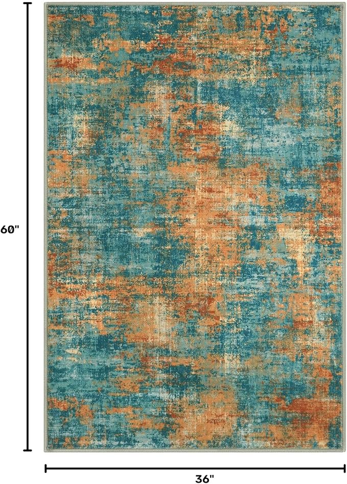 Lansny Abstract Washable Entryway Rug 3x5 Area Rug Non Slip Kitchen Rugs | Teal/Orange;Thin Printed Faux Wool Door Mat;Front Door Rug;Indoor Entry Rug;Rubber Backed Floor Carpet;Throw Rugs