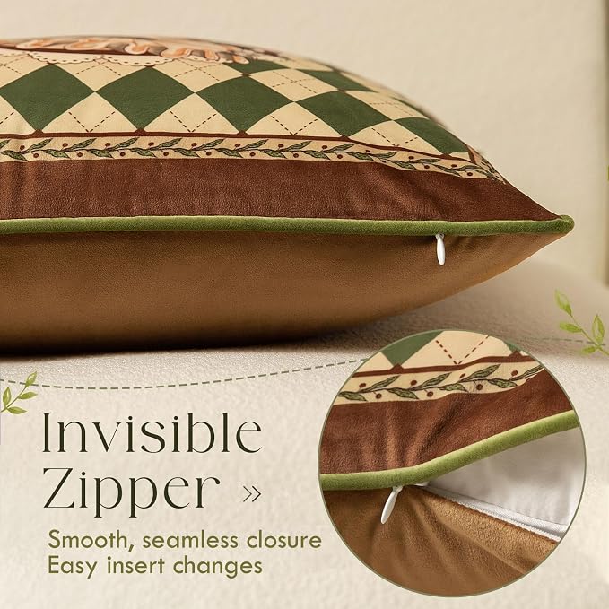 Vintage Christmas Pillow Cover 18x18, Checkered Deer | Designer High End Deer Pillow Cover, Green Velvet Throw Pillow Decorative for Couch Sofa Bedroom Home Holiday