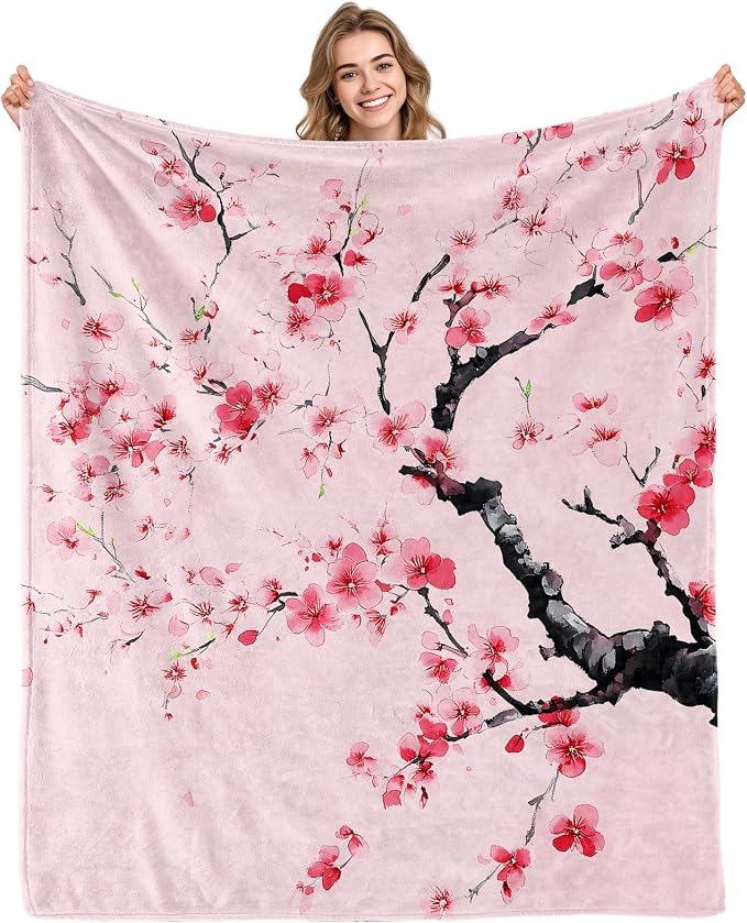 Aimego Cherry Blossom Blanket Gifts for Girls Women Floral Sakura Flowers Pink Blankets for Kids Japanese Cherry Blossom Throw Blankets for Sofa Living Room Bedroom(50X60 Inch)