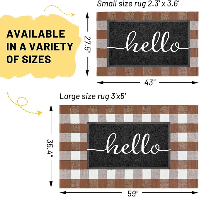 KILOCOCO Buffalo Plaid Checkered Rug 3x5 ft Brown and White Front Door Rug | Machine Washable Front Porch Rug, Outdoor Indoor Entryway Rug, Cotton Layered Doormat, Low Pile Rugs for Kitchen Patio