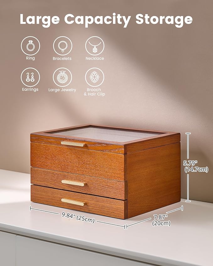 Lolalet Jewelry Box, Clear Window Wood Grain Jewelry Storage for Earrings Bracelets Necklaces Rings, High Capacity Organizer for Women, Valentine's Day Gift -Cherrywood, 3 Layers