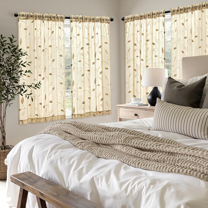MIULEE Beige Sheer Curtains 2 Panels Embroidered Leaf Patterned, W52 x L45 | Embroidered Floral Semi Sheer,Rod Pocket,Faux Linen,Short Window Curtains Drapes Set for Kitchen/Bathroom/Cafe