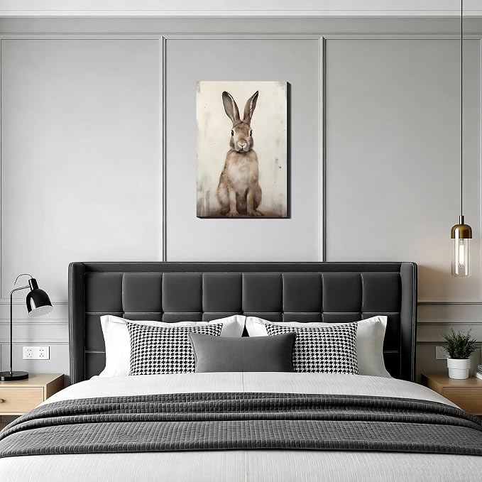 Vintage Rabbits Portrait Canvas Wall Art, Brown Easter Canvas Art for Living Room, Fireplace Wall Decor, Framed Spring Bunny Poster Prints for Bedroom Bathroom Holiday Decoration