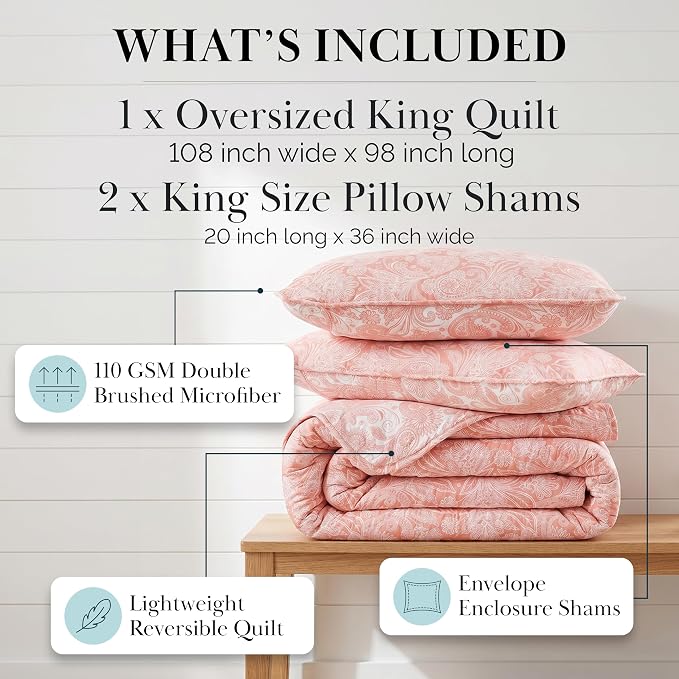 Southshore Fine Living, Inc. Paisley Quilt Set King/California Size, Light Weight Bedspread, 3-Piece Set Bohemian Bedding with Two Matching Quilted Pillow Shams, Cal/King Quilt, Reversible Coral
