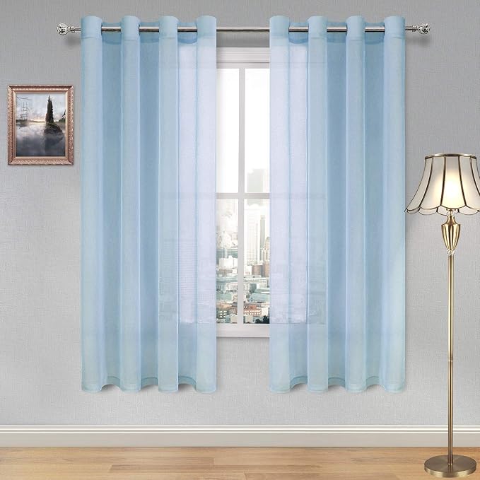 DWCN Sky Blue Faux Linen Sheer Curtains - Grommet Voile Window Curtain Drapes for Bedroom Living Room 52 x 72 inches Long, Set of 2