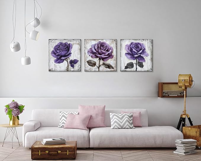 NAN Wind 3Pcs Purple Rose Canvas Prints Wall Art Botanical Floral Art Modern Flower Artwork Ready to Hang Textured Wall Art Print Decorative Wall Hanging for Living Room Bedroom Kitchen