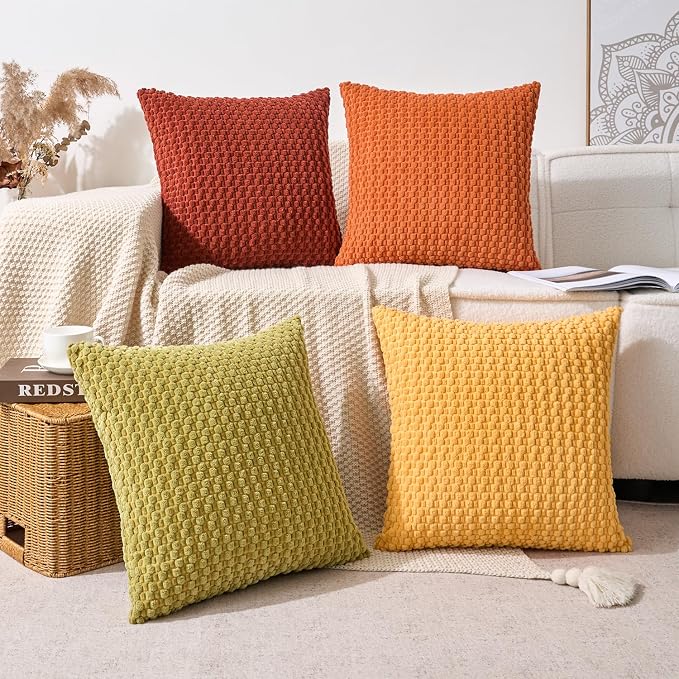 Kevin Textile Fall Throw Pillow Covers Pack of 4 Super Soft Boho Corduroy Decor Pillow Cases Mix and Match Colors Plush Texture Accent Pillows for Sofa Couch Living Room 16x16 Inch, Yellow/Green