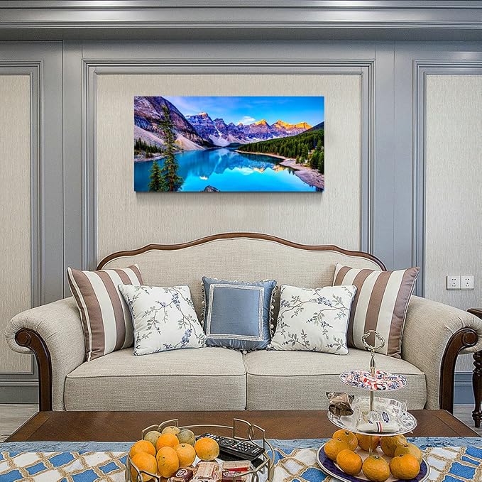 Haichuang Decor Art Moraine Lake Canvas Wall Art 57x28 Inches Framed Rocky Mountain Lake Wall Decor Wood Frame Waterproof HD Giclee Print Ready to Hang Nature Artwork for Living Room Bedroom Office