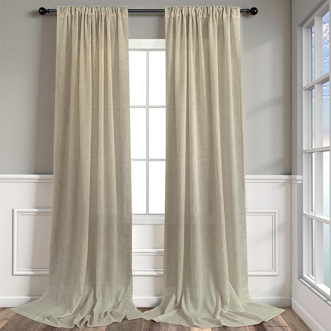 Modern Farmhouse Linen Curtains 80 Inches Long 2 Panel Set Taupe Semi Sheer Back Tab Pleated Bedroom Living Room Drapes Neutral Rustic Decor 80 Inch Curtains for Dining Room Doorway Closet Door Cabin
