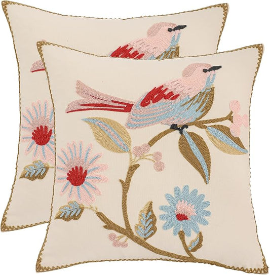 LUOYEHK Embroidered Throw Pillow Covers 18x18 Inch Pack of 2 Spring Farmhouse Floral Pillowcase Square Canvas Cushion Cover for Couch Sofa Bed Living Room (Pink Bird)