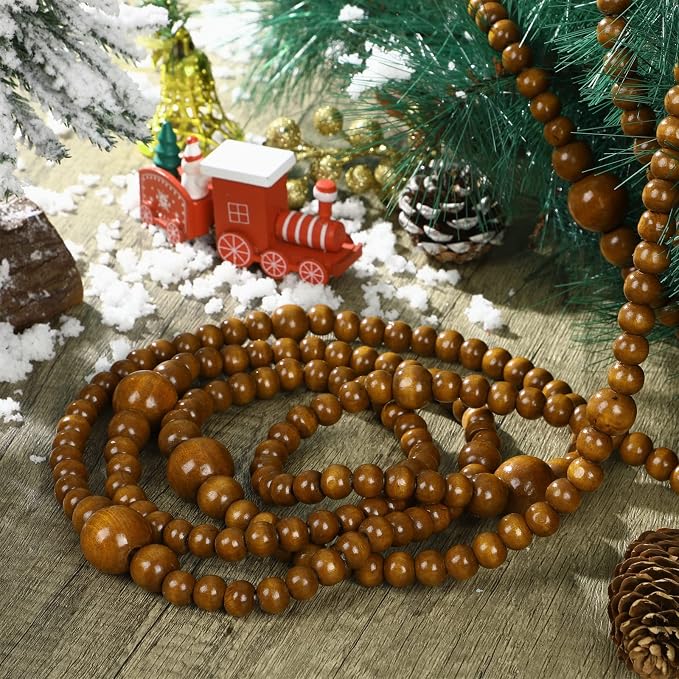 12 Feet Summer Christmas Wooden Beads Garland Round Craft Farmhouse Vintage Christmas in July Wood Bead Garlands for Xmas Supplies(Coffee)