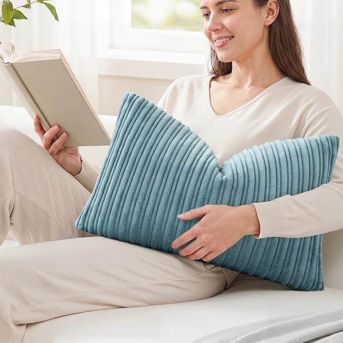 Kevin Textile Striped Corduroy 12”x20” Pillow Cover 1 Pack, Blue Grey