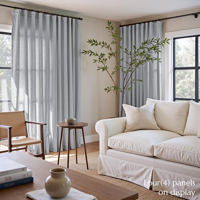 jinchan Linen Curtains Light Filtering Back Tab 50x96 Inch 2 Panels Grey | Semi Sheer Curtains 96 inch length for Bedroom Living Room, Modern Farmhouse Drapes with Rod Pocket, Natural Boho Curtains