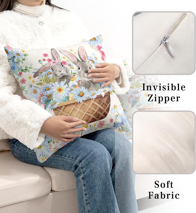 Easter Bunny Pillow Covers 20x20 Spring Rabbit Daisy Floral Throw Pillow Covers A Basket Filled with Lovely Bunny and Flowers Pillowcase Cushion Case for Sofa Patio Garden 2 Pack