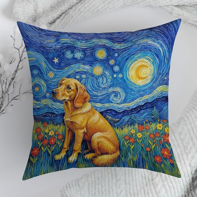 Fokongna Decorative Pillow Covers Vincent Van Gogh's The Starry Night, with a Golden Retriever in a Grassy Field Full of Blooming Flowers for Couch Home Bedroom Living Room 18 x 18 Inch Pillow Covers