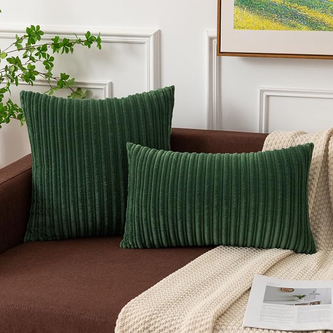 Kevin Textile Striped Corduroy 12”x20” Pillow Covers 2 Pack, Xmas Green