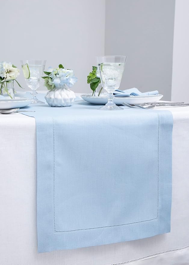 Solino Home 100% Pure Linen Table Runner Sky Blue Hemstitch, 14 x 48 in | Classic Hemstitch, a graceful centrepiece for dining and gatherings, hemstitched border, mitered corners, OEKO-TEX Certified