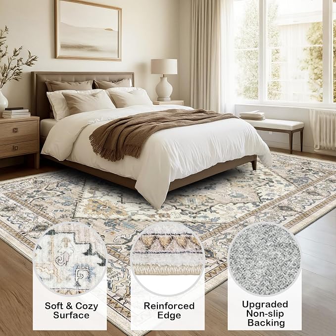 AooHHooA Washable 8x10 Boho Beige Area Rug for Living Room, Soft Stain Resistant Non-Slip Boho Vintage Area Rugs, Large Low Pile Lightweight Area Rugs for Living Room Bedroom Dining Room