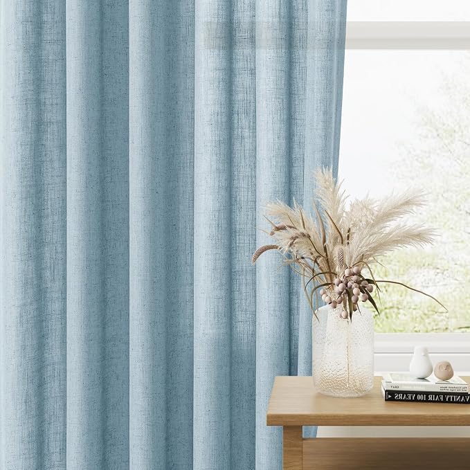 Light Blue Linen Curtains 96 Inches Long 2 Panel Set Rod Pocket Semi Sheer Dining Room Cozy Bedroom Decor Cotton Look Country Rustic Farmhouse Boho Curtains 52x96