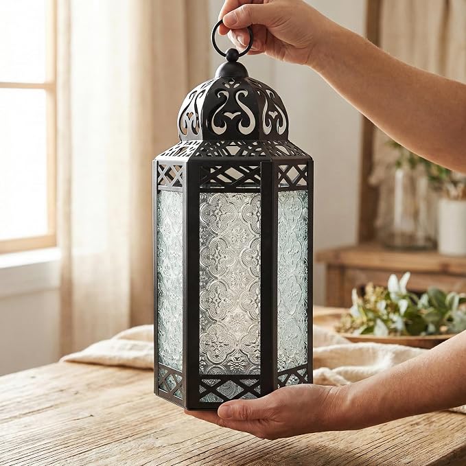 Vela Lanterns Decorative Indoor Candle Holder Table Centerpieces - Moroccan Hanging Outdoor Patio & Porch Home Decor, Turkish Lamp for Wedding, Ramadan (Large 12", Clear Glass)