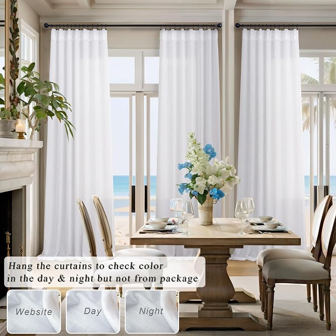 Solid White Curtains 96 Inches Long for Living Room 2 Panel Set Back Tab Pocket Opaque Draperies Semi Sheer Linen Light Filtering Curtain for Bedroom Floor Length Crisp Vintage Beach Country Chic 8 FT