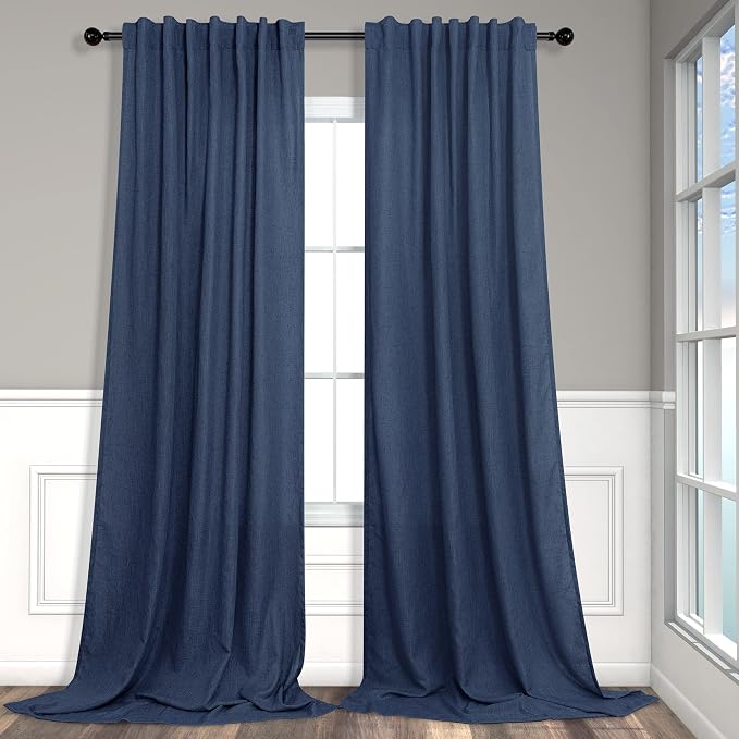 Navy Blue Linen Curtains 60 Inch Wide Back Tab Semi Sheer 2 Panels