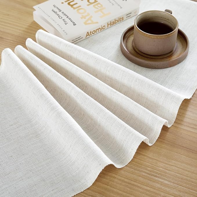 Cotton Linen Table Runner, 13x108 Inch, Off White with Hand Tassels | Linen Style Rustic Farmhouse Table Runners 108 Inches Long for Home Dresser Kitchen Dining Table Decor, Machine Wash