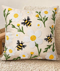 Embroidered Throw Pillow Cover 18x18 Inch, Flower Bee | Decorative Pillow Cover, Floral Farmhouse Cushion Case with Hidden Zipper, Home Decor for Couch, Sofa, Living Room, Bedroom