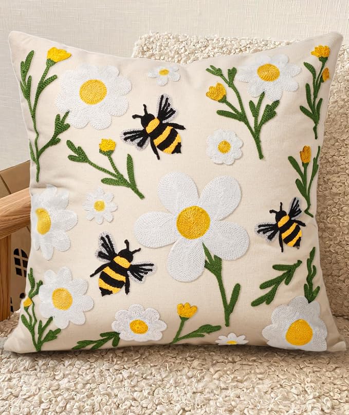 Embroidered Throw Pillow Cover 20x20 Inch, Flower Bee | Decorative Pillow Cover, Floral Farmhouse Cushion Case with Hidden Zipper, Home Decor for Couch, Sofa, Living Room, Bedroom