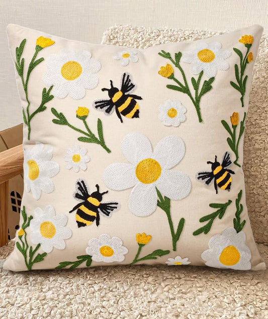 Embroidered Throw Pillow Cover 20x20 Inch, Flower Bee | Decorative Pillow Cover, Floral Farmhouse Cushion Case with Hidden Zipper, Home Decor for Couch, Sofa, Living Room, Bedroom