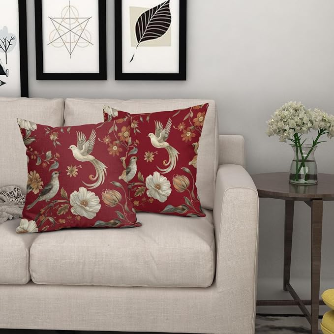 Kawani Vintage Floral Pillow Covers 16x16 Inch Set of 2 Red Chinoiserie Flower and Bird Outdoor Decorative Throw Pillows Retro Rustic Pillowcases Farmhouse Cushion Covers for Couch Home Decor