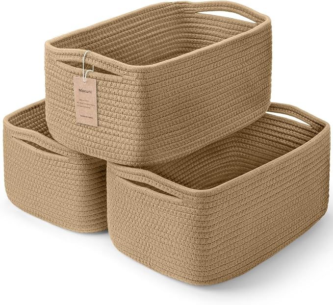 3 Pack Small Storage Baskets for Organizing, 11.8×7.8×5.1", Brown | Woven Baskets for shelves, Cotton Rope Basket for Gifts Empty, Closet Organizer Bins with Handles, Cube Decorative Box